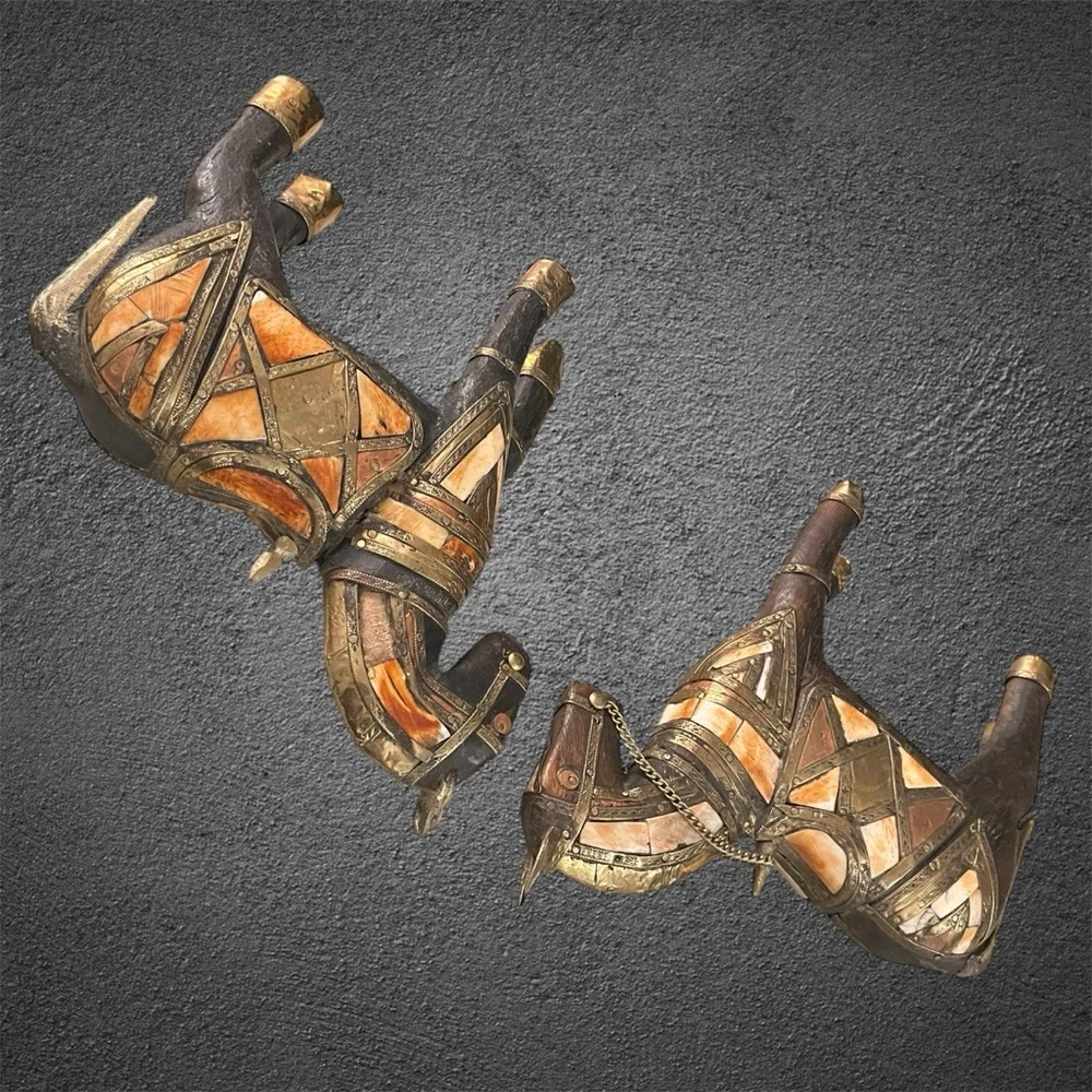 Pier 1 Egyptian War Horses Whittled From Black Wood w Copper, Brass & Seashells